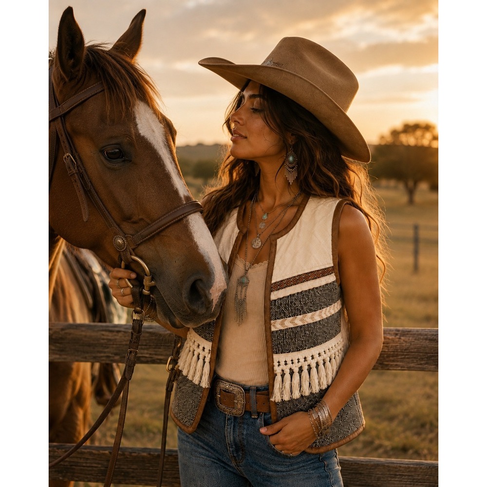 THML Boho Tassel Fringe Knit Vest Brown Grey Cream Western Embroidered Small
